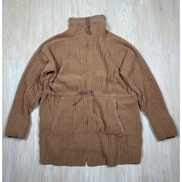 FLX Camel Brown Ribbed Knit Full Zip Sweater Jacket Drawstring Pockets Large - Picture 1 of 14